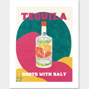 Tequila Retro Poster Shots with Salt Bar Prints, Vintage Drinks, Recipe, Wall Art Posters and Art